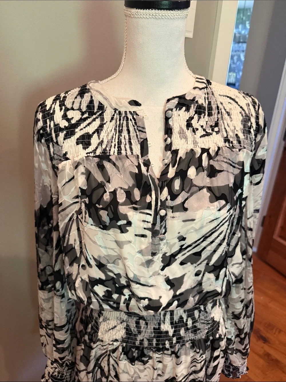 White House black market Women's Black & White Smocked Waist Long-Sleeve Dress